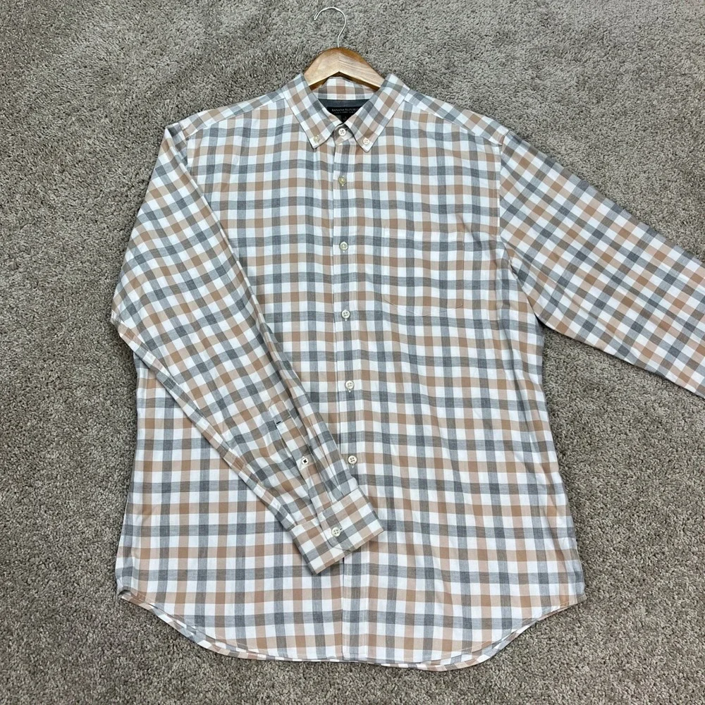 Banana Republic Button Down Shirt Men Large Tan Gray Gingham‎ Flannel Slim Fit